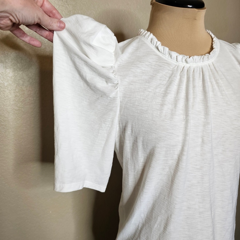 Nation LTD Emma Prim Proper Tee White Pima Cotton Puff Sleeve Ruffle Neck Top M - Picture 4 of 9